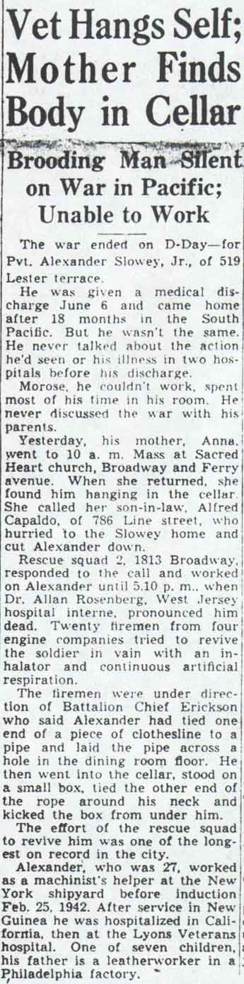 Camden Courier-Post, September 30, 1944 — Vet Hangs Self; Mother Finds Body in Cellar