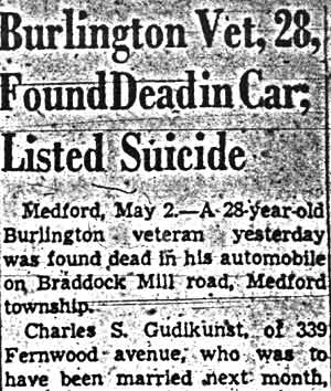 Camden Courier-Post article: Burlington Vet, 28, Found Dead in Car; Listed Suicide, part 1