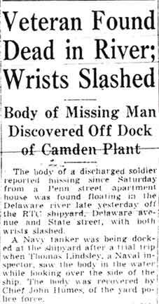 Camden Courier-Post article: Veteran Found Dead in River; Wrists Slashed, part 1