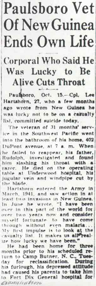 Camden Courier-Post article: Paulsboro Vet of New Guinea Ends Own Life
