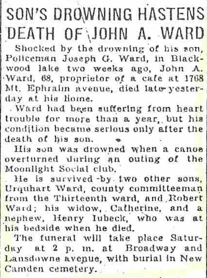 Son's Drowning Hastens Death of John A. Ward — Camden Courier-Post, May 22, 1930