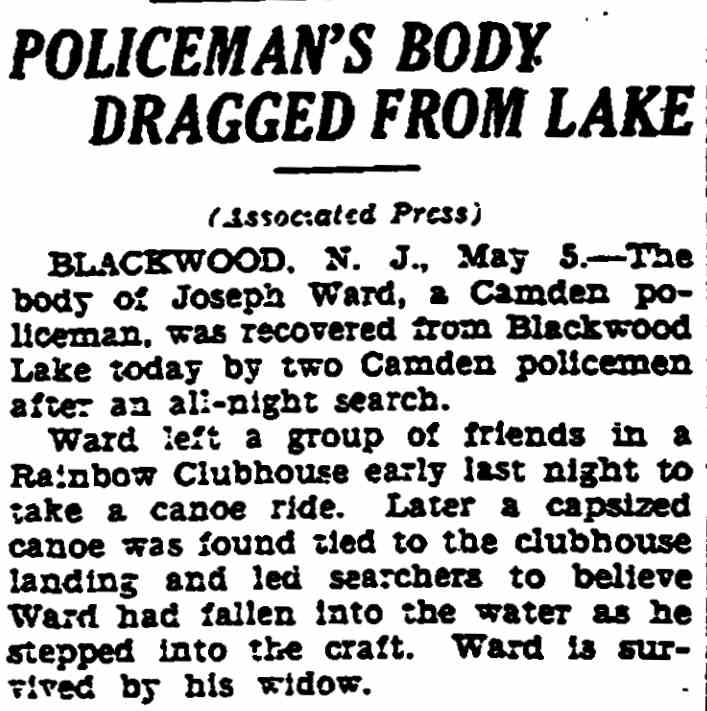 Policeman's Body Dragged From Lake — Trenton Evening Times, May 5, 1930