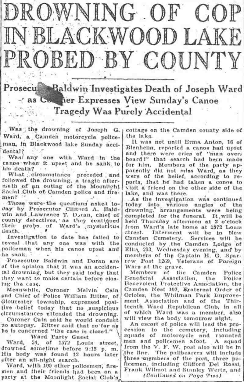 Drowning of Cop in Blackwood Lake Probed by County — Camden Courier-Post, May 6, 1930