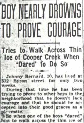 Boy Nearly Drowns to Prove Courage — panel 1, Camden Courier-Post, January 26, 1940