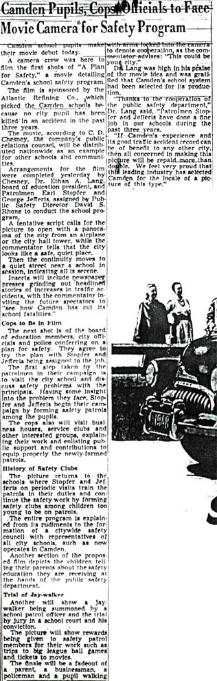 Camden Pupils, Cops, Officials to Face Movie Camera for Safety Program — newspaper article