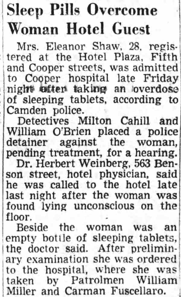 Sleep Pills Overcome Woman Hotel Guest — Camden Courier-Post, August 12, 1950