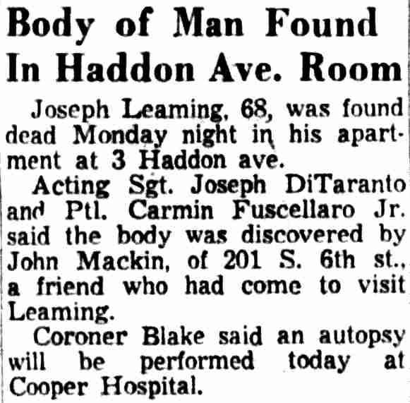 Body of Man Found In Haddon Ave. Room — Camden Courier-Post, August 15, 1956
