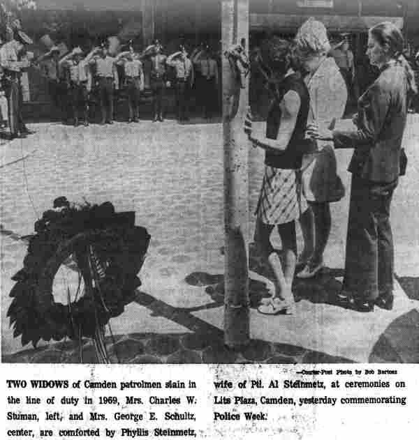 Two widows of Camden patrolmen slain in 1969 at Police Week ceremonies on Lits Plaza, Camden