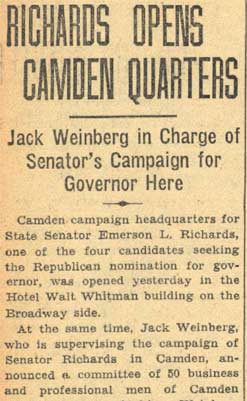 Camden Courier-Post article, May 10, 1934: Richards Opens Camden Quarters, page 1