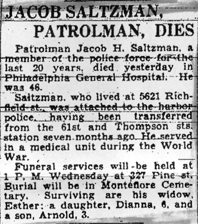 Camden Courier-Post obituary for Patrolman Jacob H. Saltzman, April 5, 1938