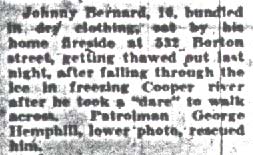 Johnny Bernard, rescued from Cooper River ice, January 1940
