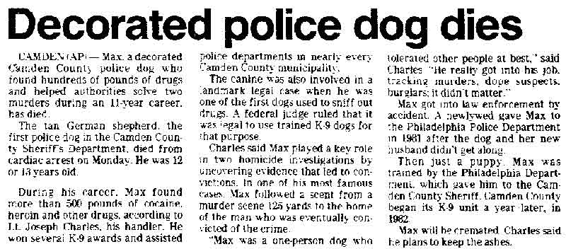 Trenton Evening Times, August 20, 1992 — K-9 article