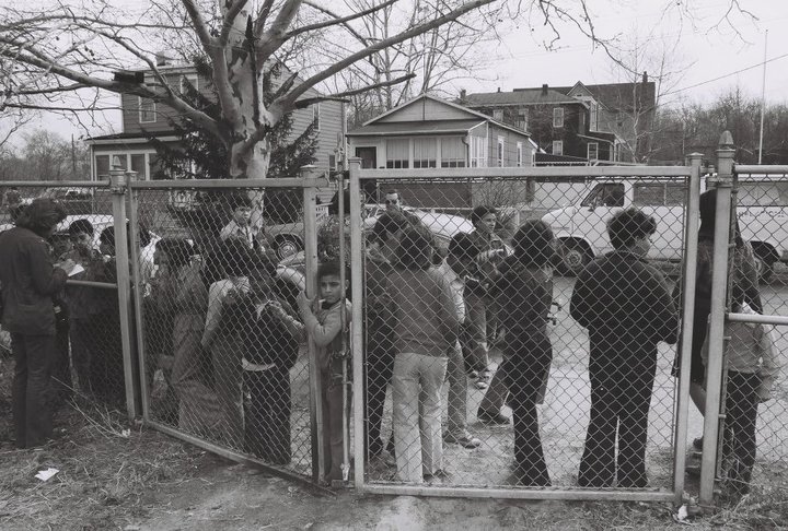 Kids waiting for a K-9 Demonstration at the main gate, Farragut Avenue & North 32nd Street