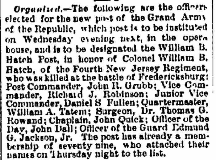 Philadelphia Inquirer November 22 1879 - William B. Hatch Post No. 37 founding announcement