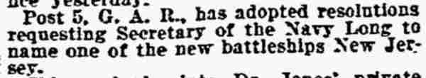 Philadelphia Inquirer March 1 1899 - Post 5 resolution naming battleship New Jersey