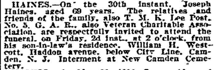 Philadelphia Inquirer May 31 1899 - Joseph Haines death notice