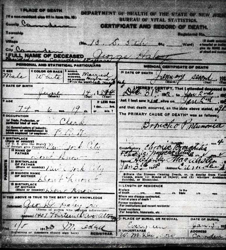Death certificate of George Haley, 1923