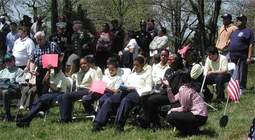 Ryan Johnson and Gerard Maxwell Milon, great-great-great-grandchildren of John H. Lawson, with Lawnside school children