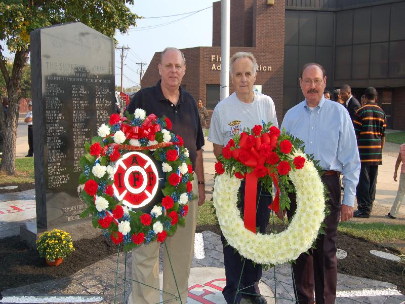 Anniversary and Monument Committee with wreaths — Lee Ryan, Bob Bartosz, Richard Tate, Camden Firemen's Memorial Dedication, 2006
