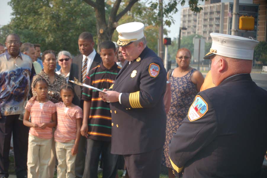 Chief of Department Joseph Marini reading names of the Fallen, Camden Firemen's Memorial Dedication, 2006