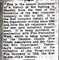 A History of Fire Fighting in Camden, Part 2 — Camden Courier-Post, October 8, 1936