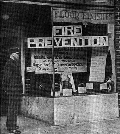 Fire prevention window display at M. A. Bruder & Sons, 1043 Broadway, October 1936