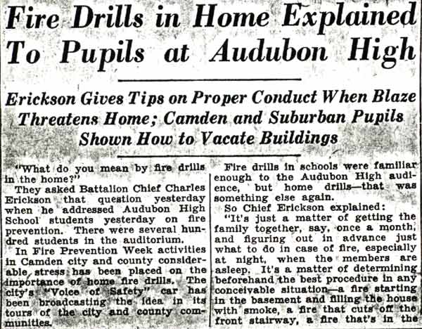 Camden Courier-Post article column 1: Fire Drills in Home Explained To Pupils at Audubon High