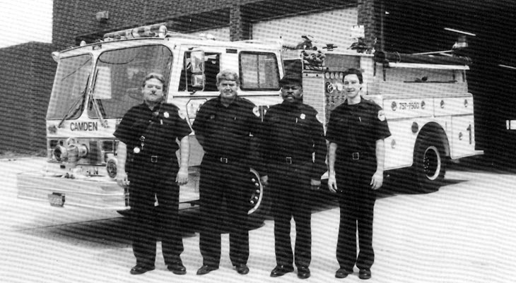 Engine Company 1, 1994, 2 North 3rd Street. From left: Captain Paul Matyjasik, Firefighter Ed Olleck, Firefighter David Person, Firefighter Daniel Baker