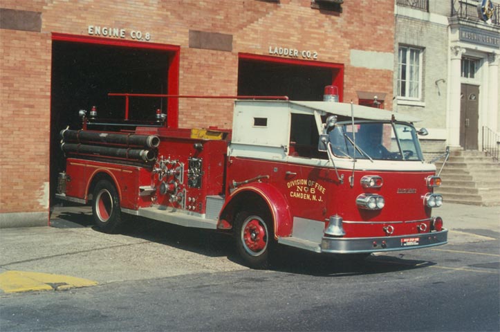 Engine Company 6 — 1959 American LaFrance Pumper with modified cab at Engine Company 8 building, 619 Kaighn Avenue, 1970s