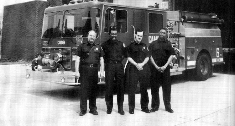 Engine Company 6 crew at 2 North 3rd Street, 1994. Captain Robert Scarduzio, Firefighter George Candia, Firefighter Michael McCarthy, Firefighter Julius Snyder.