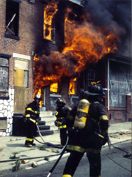 Engine Company 7 arriving first at Rose Street near Atlantic Avenue fire, July 14 1995 — one civilian fatality