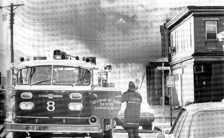 Engine Company 8 at a fire near Pine Street, mid-1970s