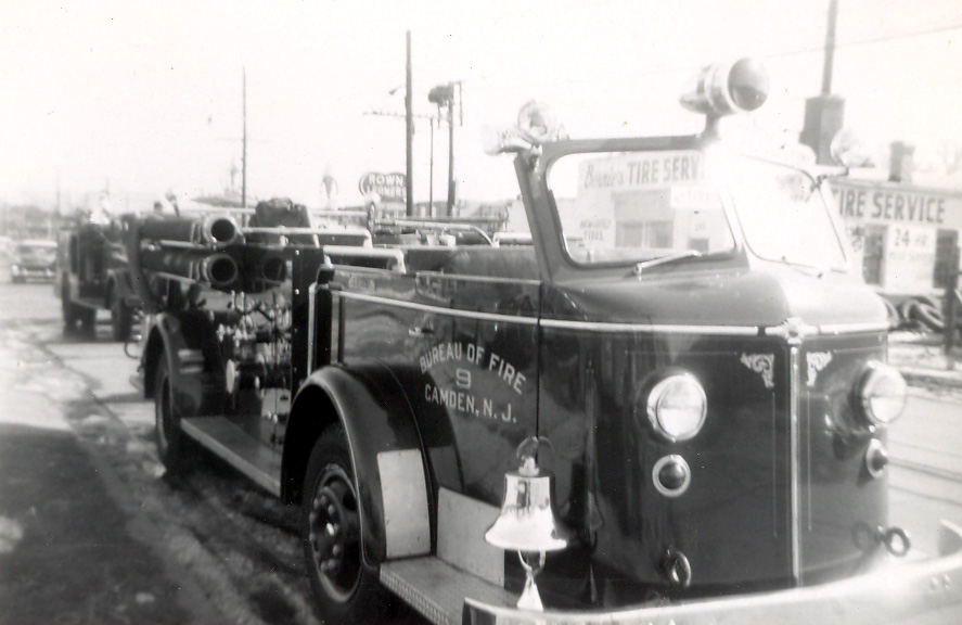 Camden Fire Department Engine Company 9 on Marlton Avenue, May 1960, Crown Cleaners at 155 Marlton Avenue visible in background