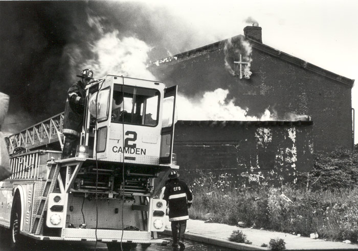 Ladder 2 on Atlantic Avenue near 6th Street, fire at 1475 South 6th Street — late 1980s or early-mid 1990s