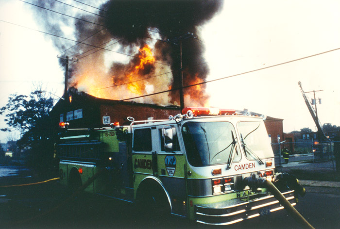 Ladder 2 at 6th Street and Atlantic Avenue fire with Engine Company 8 also on scene — late 1980s or early-mid 1990s
