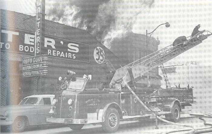 1957 American LaFrance 75-foot Aerial Ladder at Walter's Auto Body Repairs, 2203 Federal Street — 1950s