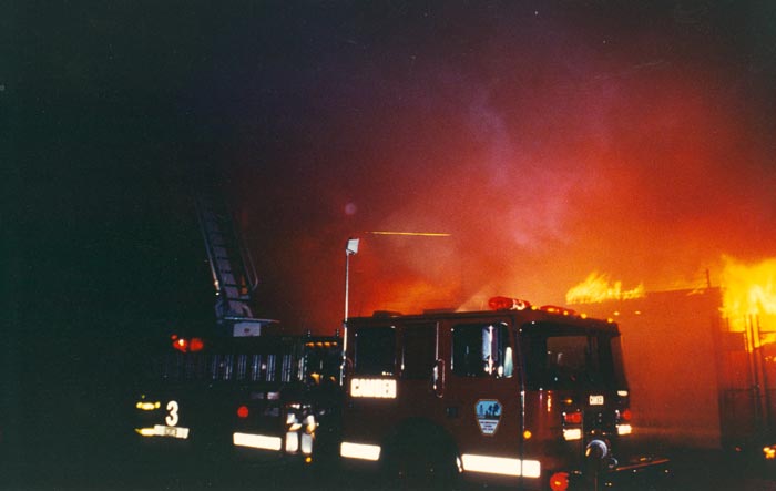 1976 Maxim F Series 100 foot Tiller Aerial Ladder, Ladder Company 3 — night view