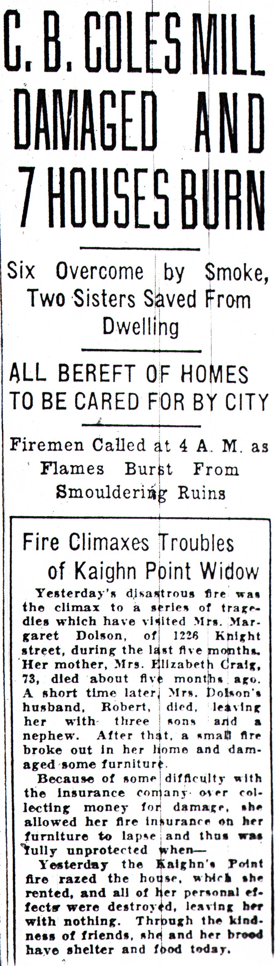 Camden Courier-Post, July 11, 1933 — C.B. Coles Mill Damaged and 7 Houses Burn, page 1