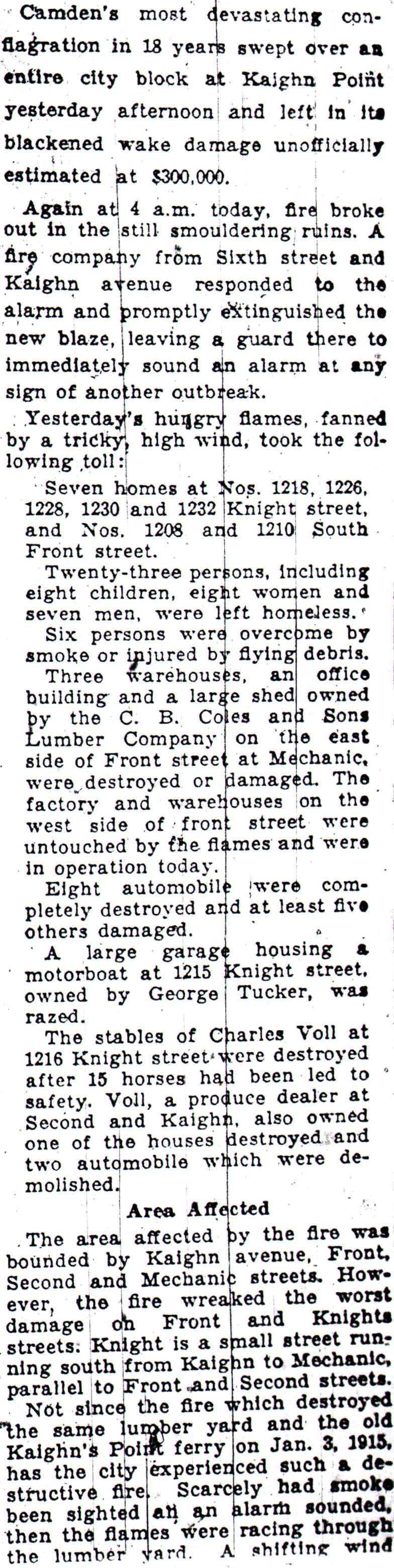 Camden Courier-Post, July 11, 1933 — 23 Made Homeless in $300,000 Fire, continued