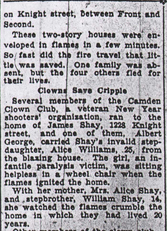 Camden Courier-Post, July 11, 1933 — Clowns Save Cripple — Camden Clown Club saves Alice Williams at 1228 Knight Street