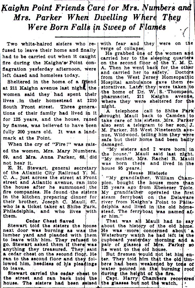 Kaighn Point Friends Care for Mrs. Numbers and Mrs. Parker, Courier-Post July 11 1933