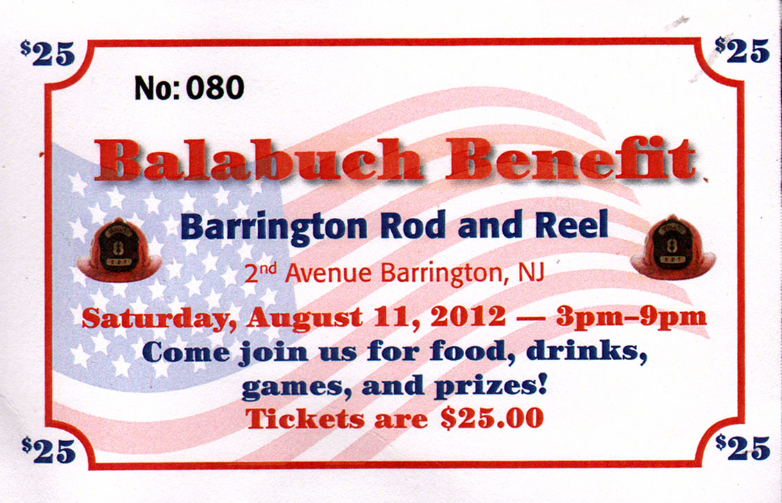 Ted Balabuch benefit ticket, August 11, 2012