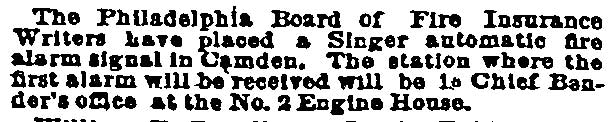 Philadelphia Inquirer, October 18, 1889 — Singer automatic fire alarm signal in Camden