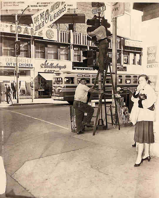 Paul Moll and Noah Johnson at Broadway and Federal Street, circa 1960