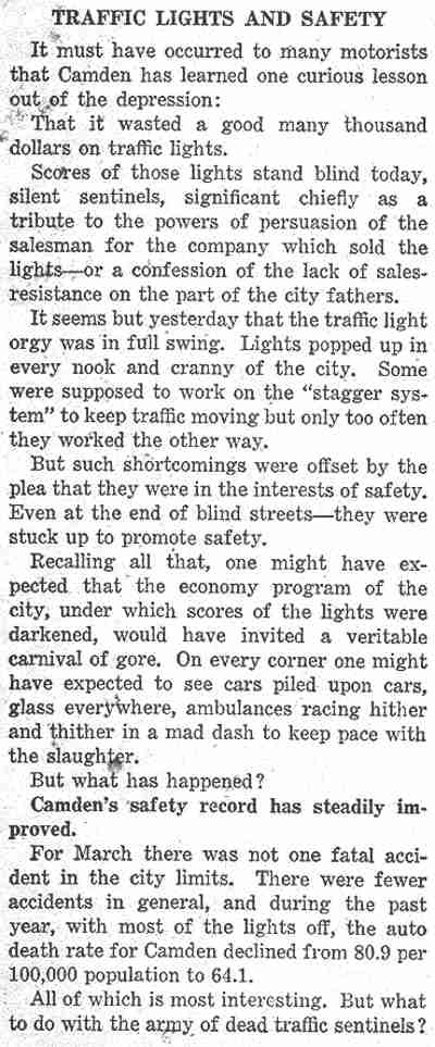 Camden Courier-Post, May 1, 1933 — Traffic Lights and Safety (column 1)