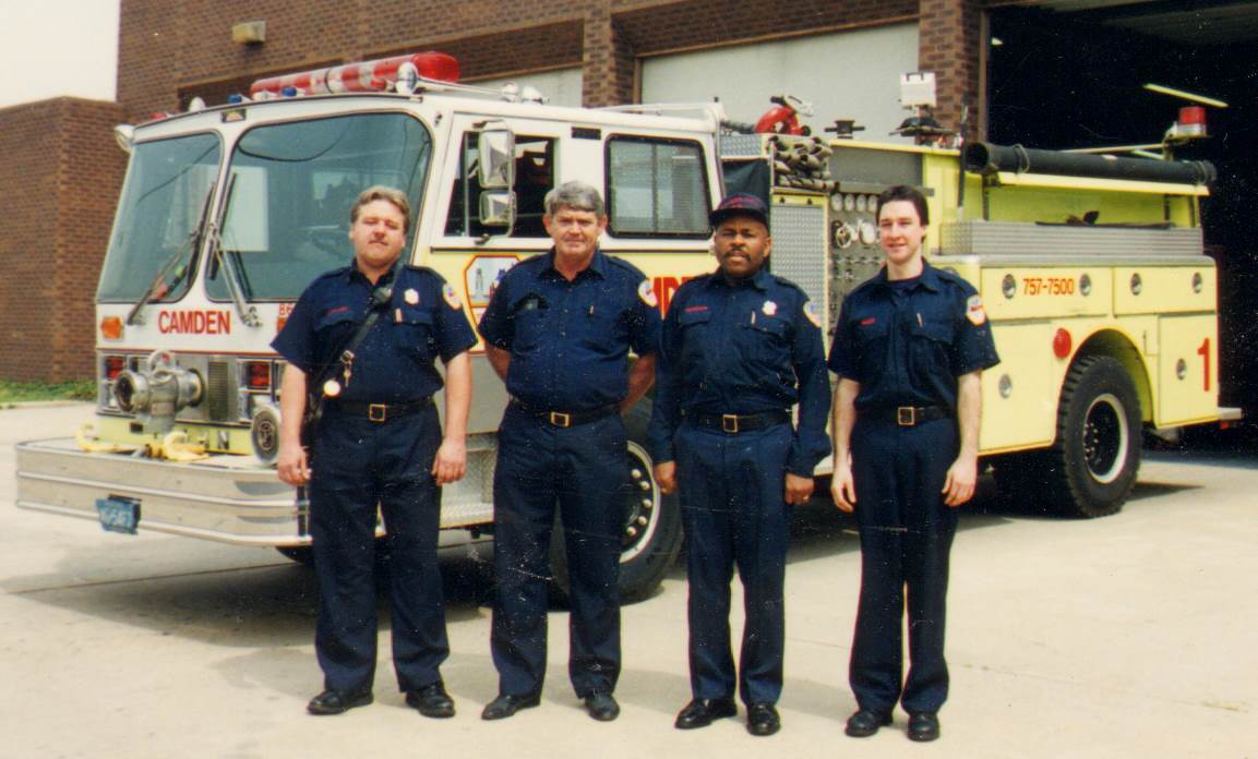 Engine Company 1, 1990s. From left: Captain Paul Matyjasik, unknown, unknown, Dan Baker.