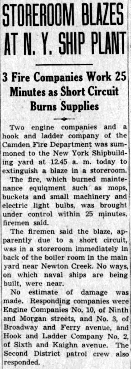 Storeroom Blazes at N.Y. Ship Plant — Camden Courier-Post, July 26, 1941
