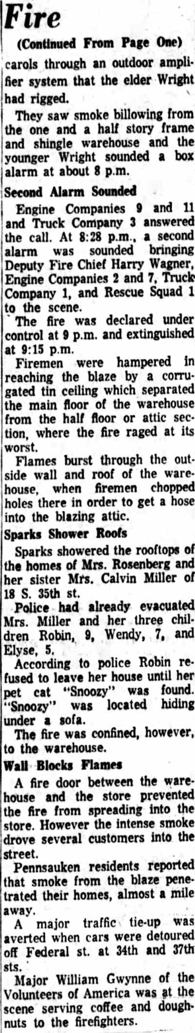 Flames Rake Warehouse in East Camden, Camden Courier-Post, December 22, 1961, page 2 continuation