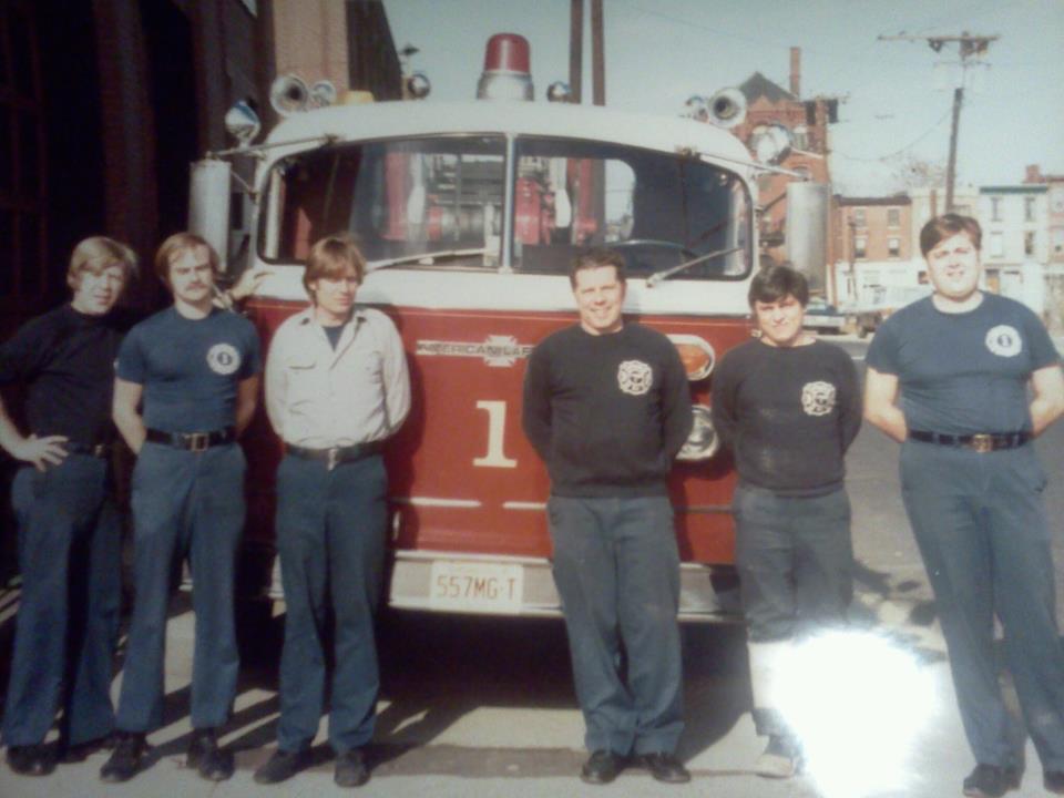 Engine Company 11 at Fire Headquarters, late 1970s — Sonny Frett, Stan Trzebuniak, Joe Kirk, Richard Brooks, Bill Colucci, Joe Marini