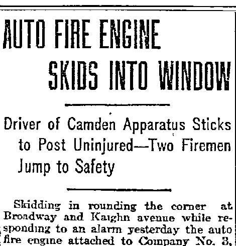 Auto Fire Engine Skids Into Window - Philadelphia Inquirer, November 13, 1915